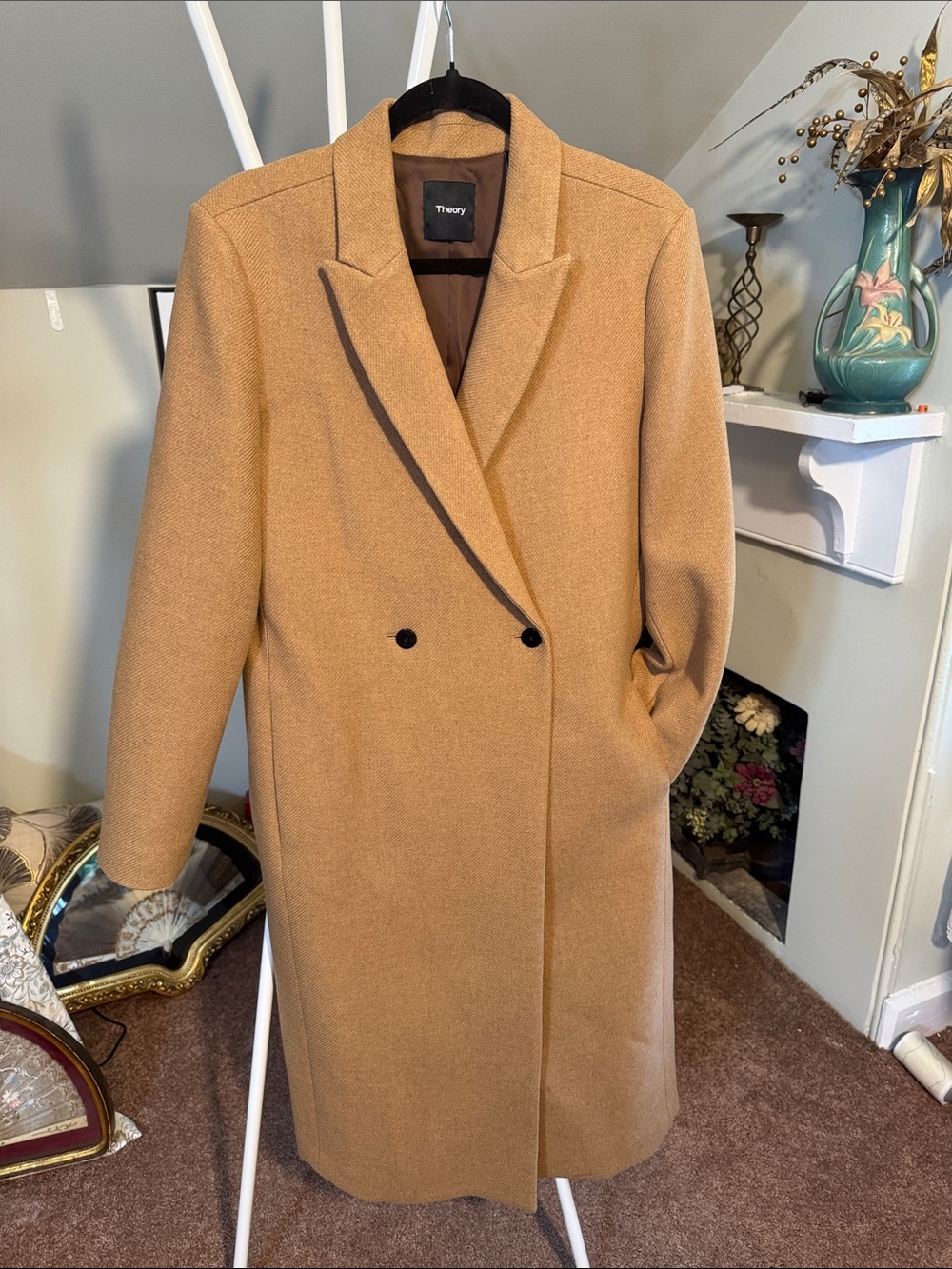 Beautiful Theory Camel Double-Breasted Concealed Buttons WoolBlend Long Coat EUC